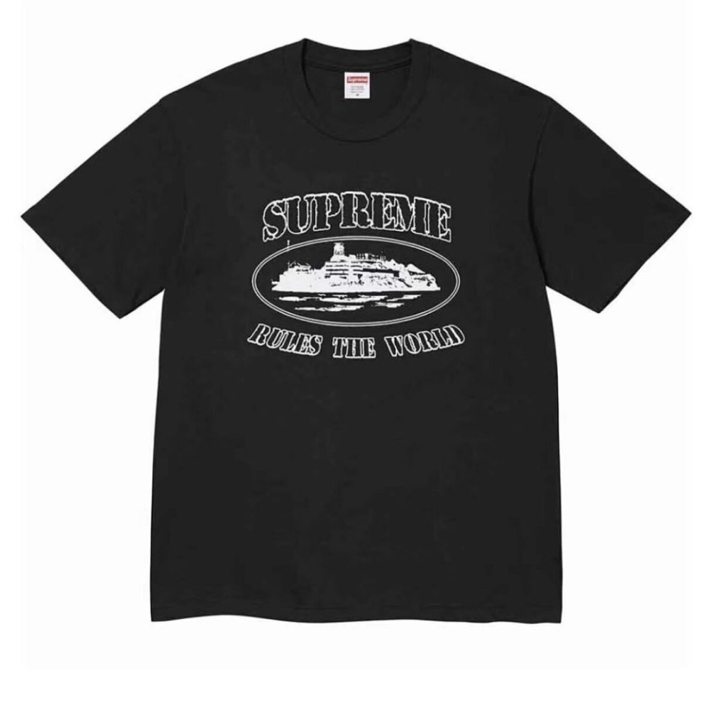 Supreme Black Tee with White 'Rules The World' Graphic